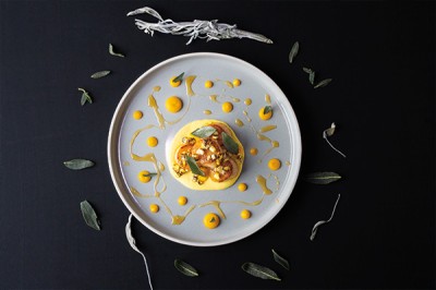 Pan-seared Scallops with Corn and Squash purées, Maple Gastrique, Fried Sage