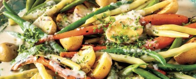 Charred Spring Vegetables with Garlic Chive Cream