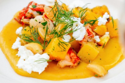 Lobster with Charred Corn Salad & Squash Purée