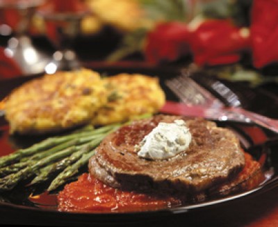 Rib-Eye Steaks with Blue Cheese and Red Pepper Coulis
